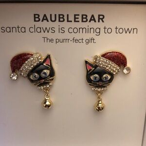 BaubleBar Santa Claws Is Coming To Town Santa Cat Stud Earrings Bell Charm NIB